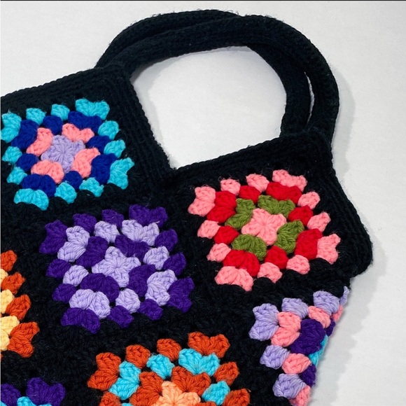 Vintage Crochet Rainbow Granny Square Small Tote Bag with Lining and Pocket - Picture 2 of 7